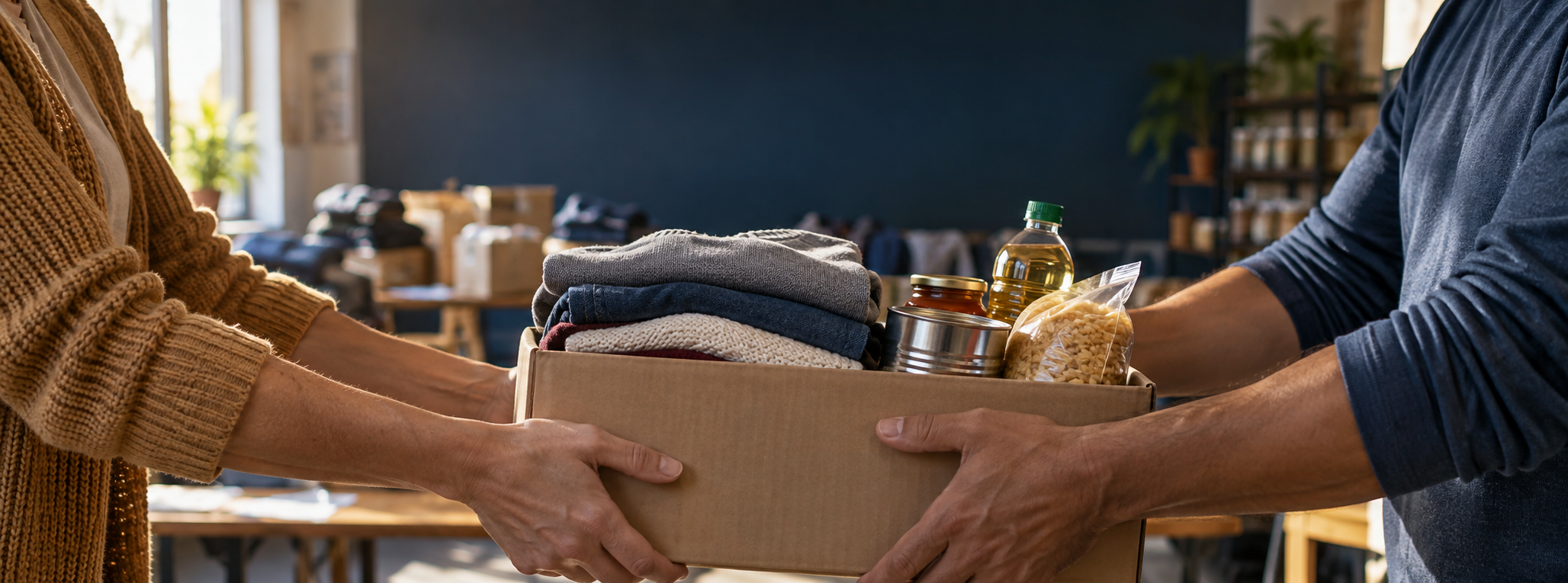 Imagem ilustrativa de duas pessoas a partilhar uma caixa com roupa e alimentos