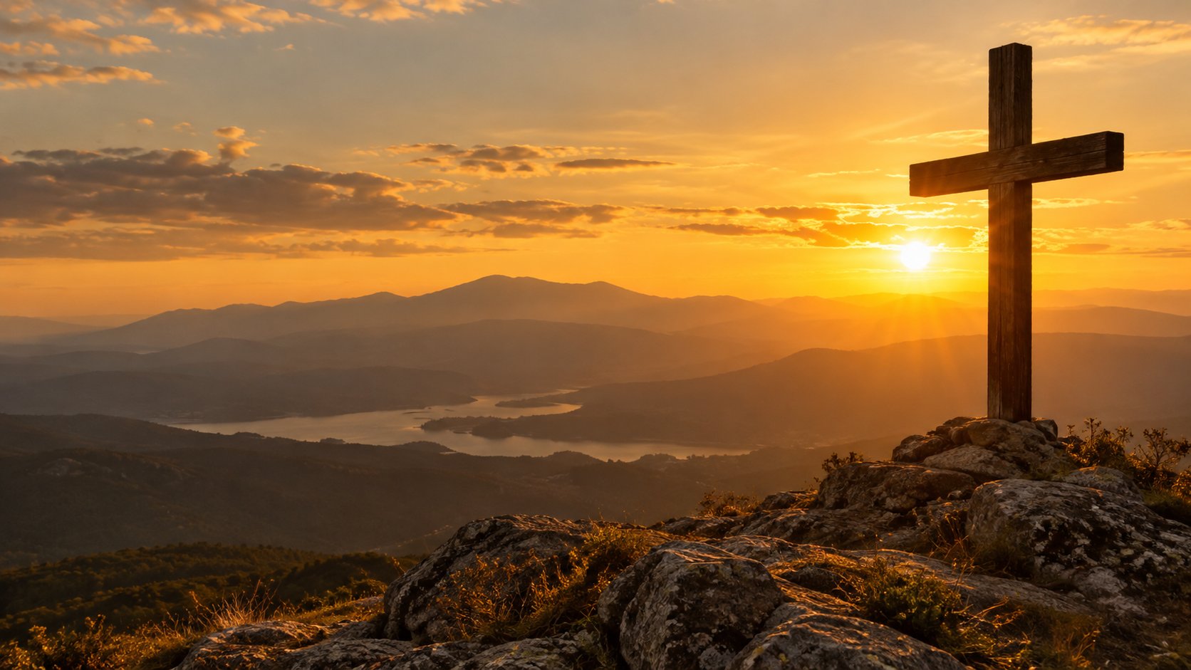 Cruz de madeira numa colina iluminada pelo p&ocirc;r do sol