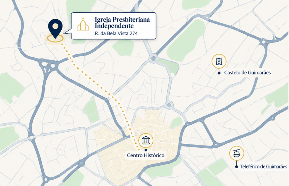 Mapa ilustrativo de Guimar&atilde;es com a localiza&ccedil;&atilde;o da igreja